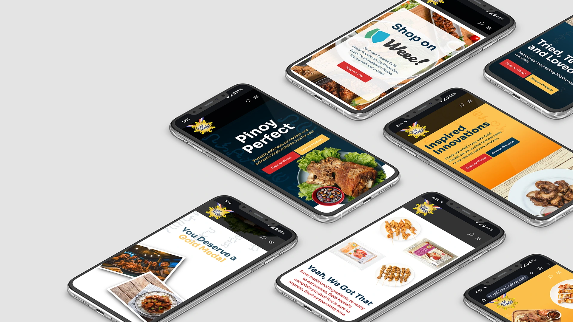 Different mobile-first website design views on multiple mobile phones