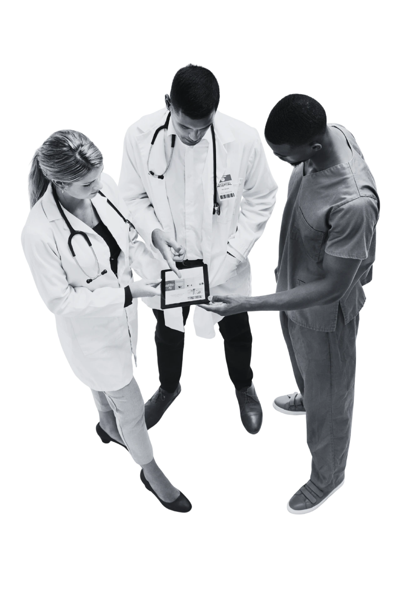Three doctors discussing a digital marketing package