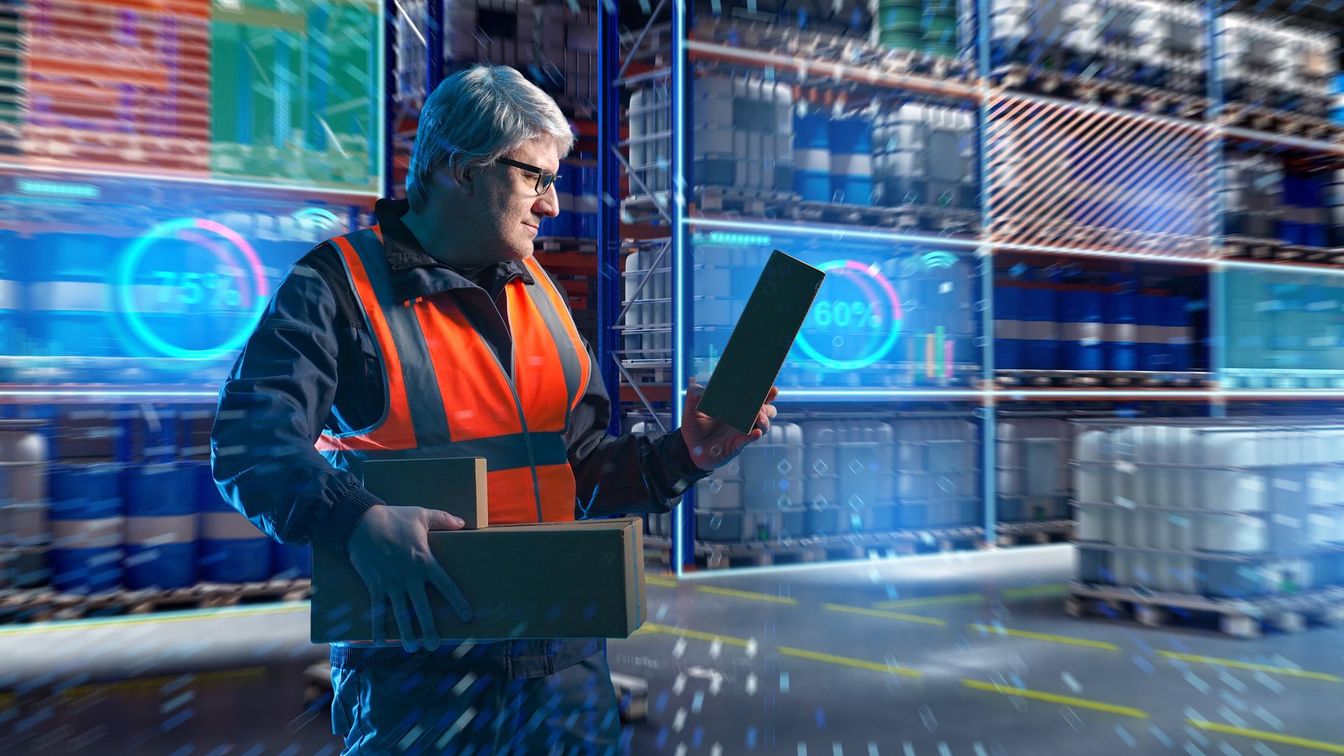 Man in vest holding boxes inside a warehouse Warehouse manager efficiently managing orders and inventory